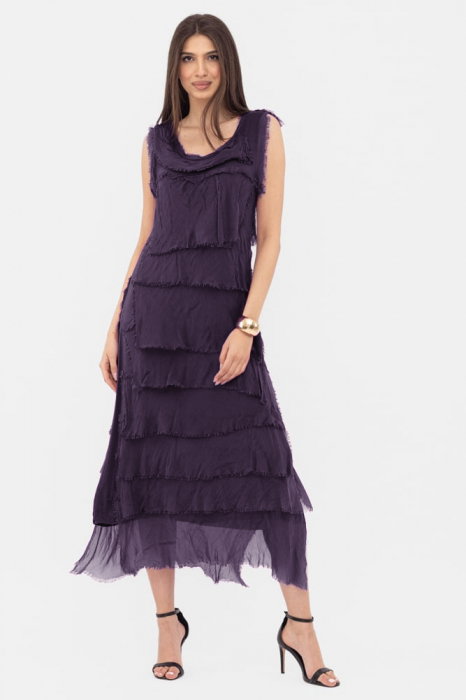 Rochie indigo din matase si vascoza cu volane franjurate suprapuse, fara maneci