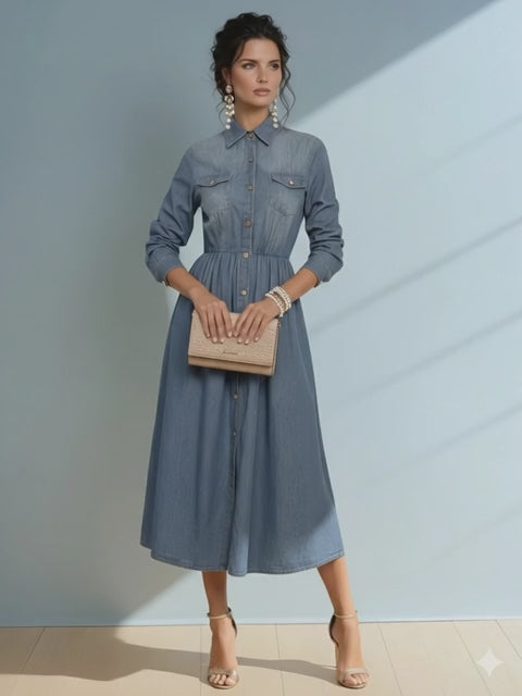 Rochie jeans lunga cu buzunare piept și curea albastru-jeans - L