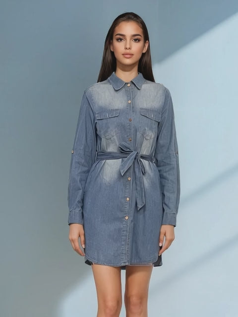Rochie jeans stil cămașă cu cordon și mânecă lungă albastru-jeans - L