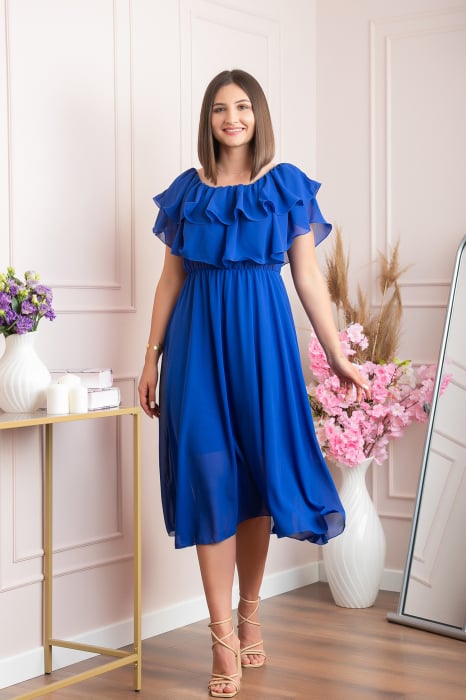 Rochie Joyce eleganta din voal cu volane - Albastru regal