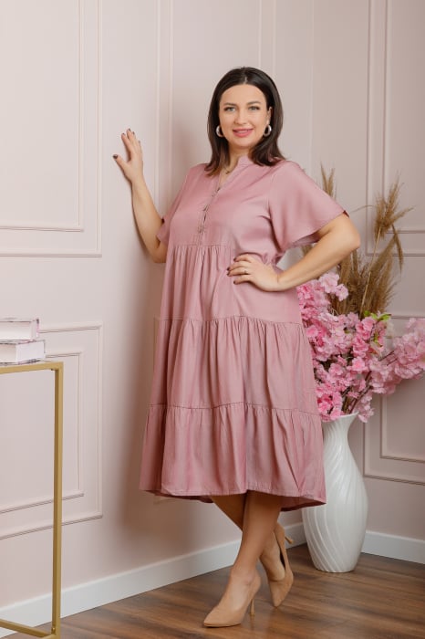 Rochie June cu aspect satinat si volane - Roz