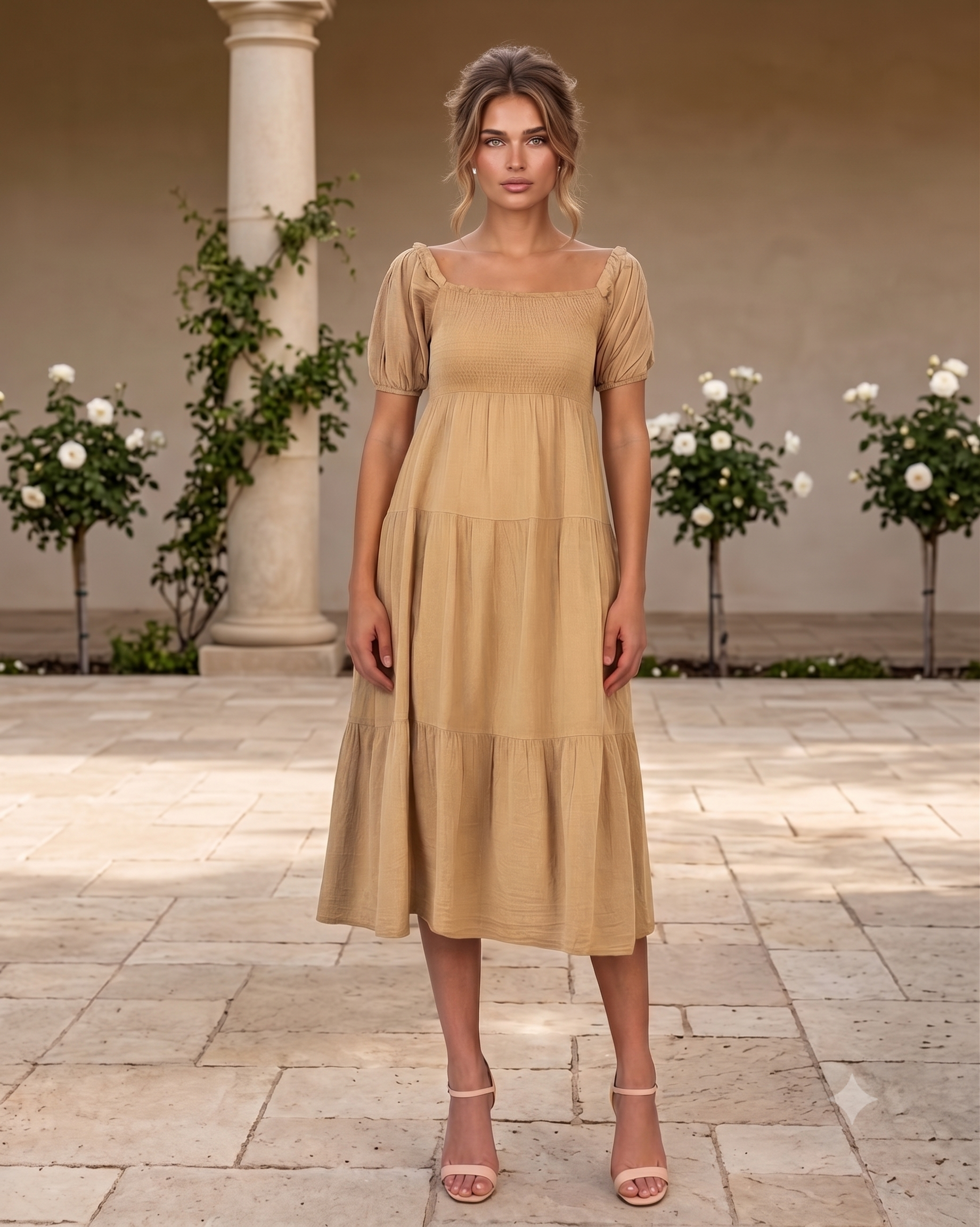 Rochie largă cu elastic la bust și spate beige - Unica S-L
