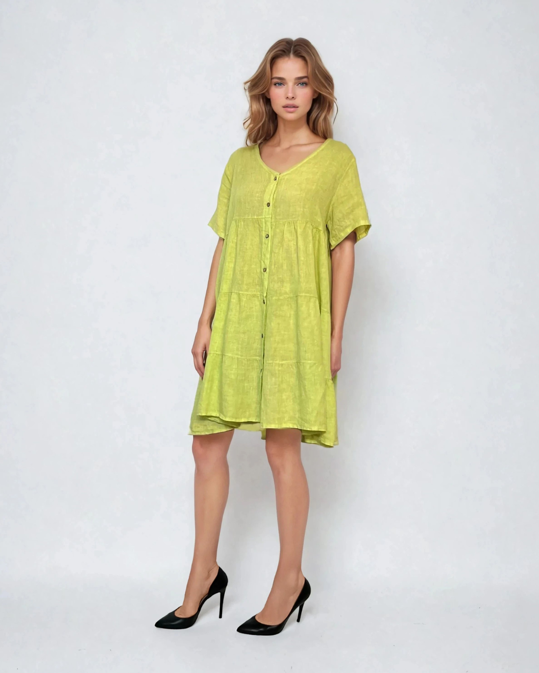 Rochie largă din in tip baby doll vernil - Unica S-L