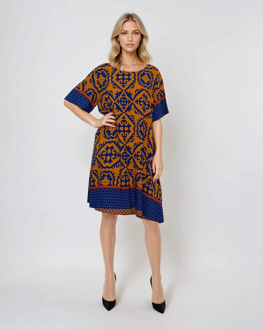 Rochie largă din vâscoză cu print oriental portocaliu - Unica S-L