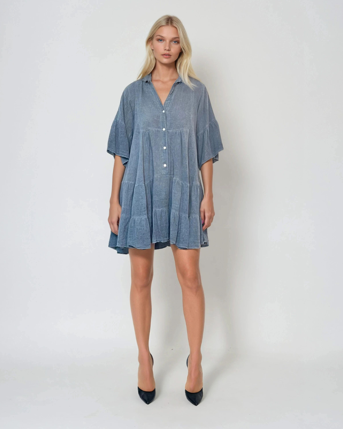 Rochie lejeră babydoll cu mânecă clopot bleumarin - Unica S-L