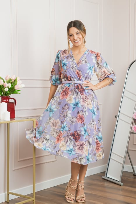 Rochie lila din voal cu imprimeu floral si curea ajustabila