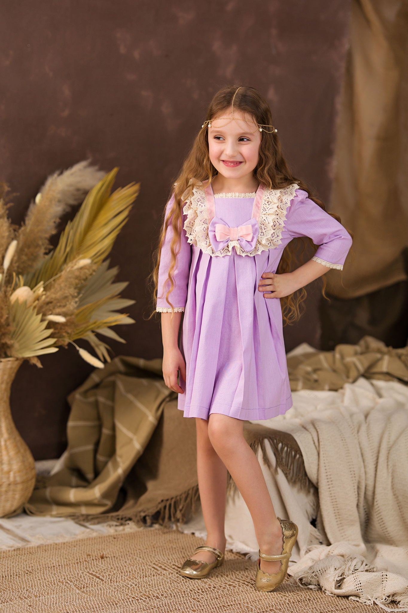 Rochie lila vintage din in pentru fete - 4-5 ani si 10 ani
