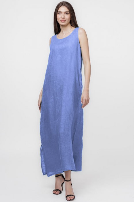 Rochie lunga A-line din in, fara maneci, bleu