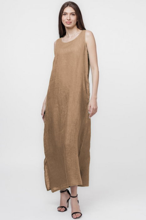 Rochie lunga A-line din in, fara maneci, camel