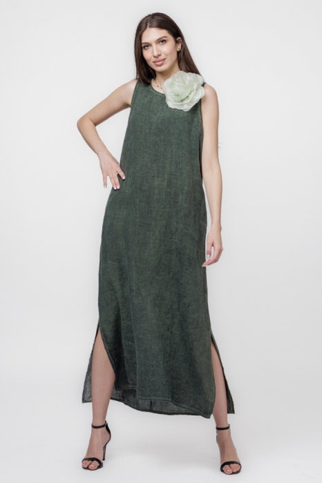 Rochie lunga A-line din in, fara maneci, verde kaki prespalat