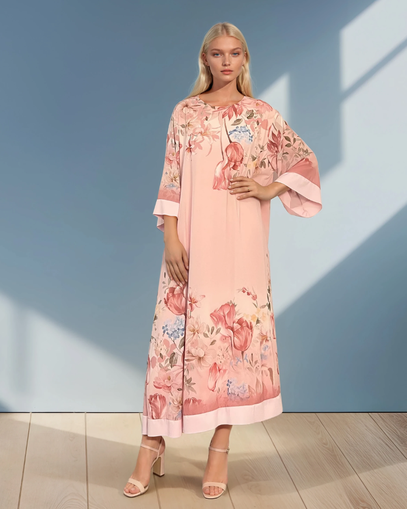 Rochie lungă batal din voal cu imprimeu floral roz - Unica S-L