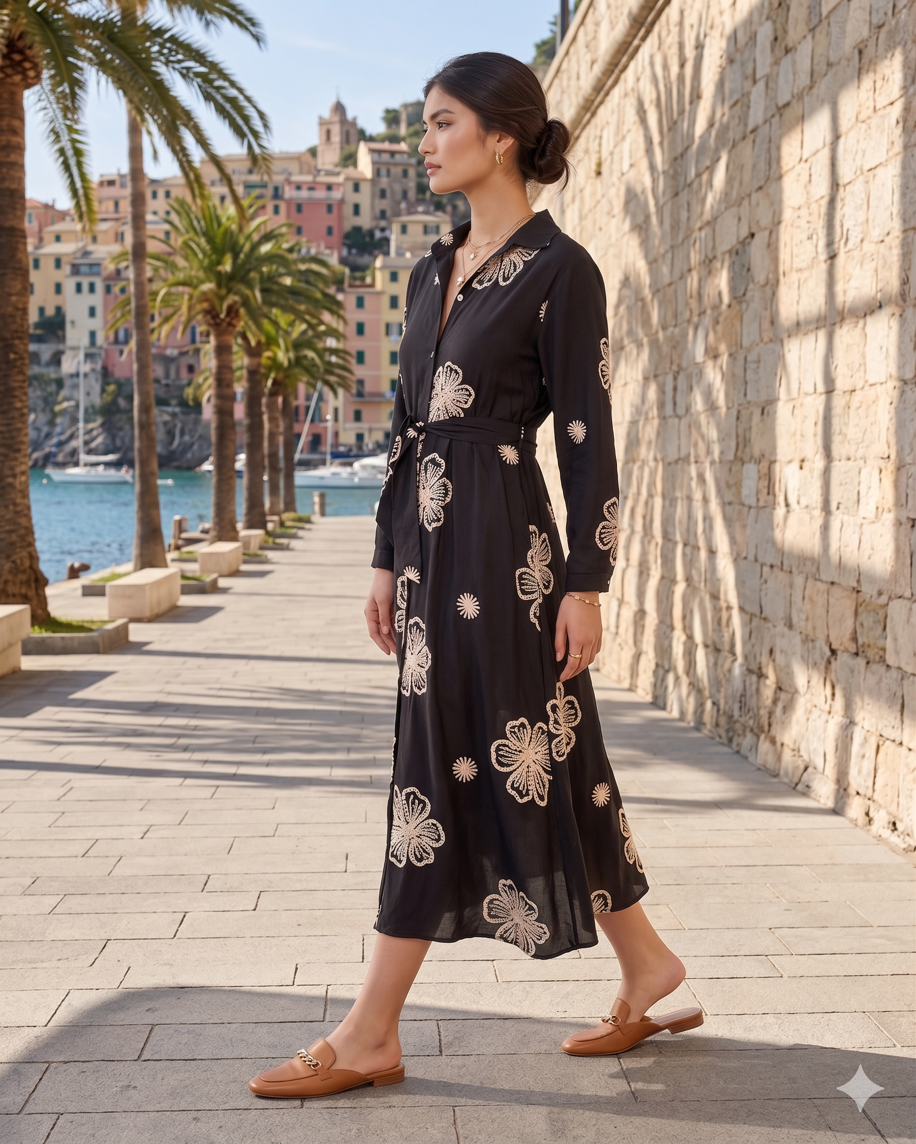 Rochie lungă brodată cu flori negru - Unica S-L