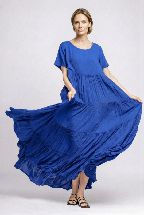 Rochie lunga, croi amplu cu patru volane, stil boem elegant, albastru electric