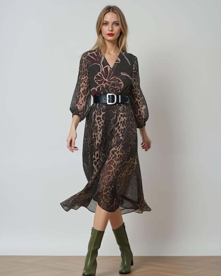 Rochie lungă cu imprimeu, decolteu adânc kaki - Unica S-L