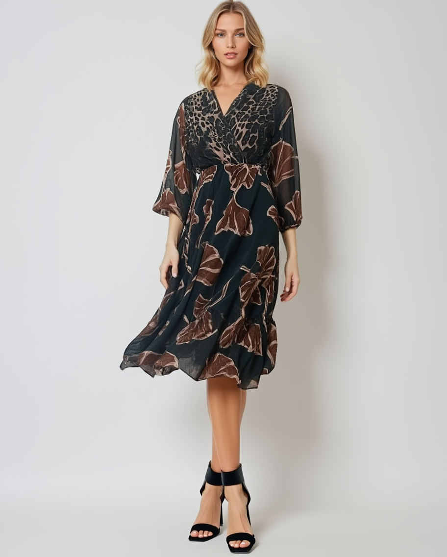 Rochie lungă cu imprimeu, decolteu adânc turcoaz - Unica S-L