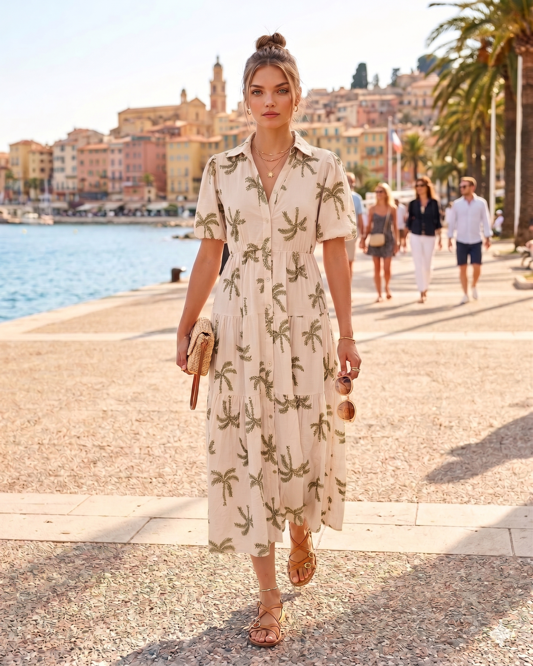 Rochie lungă cu palmieri brodați beige - Unica S-L
