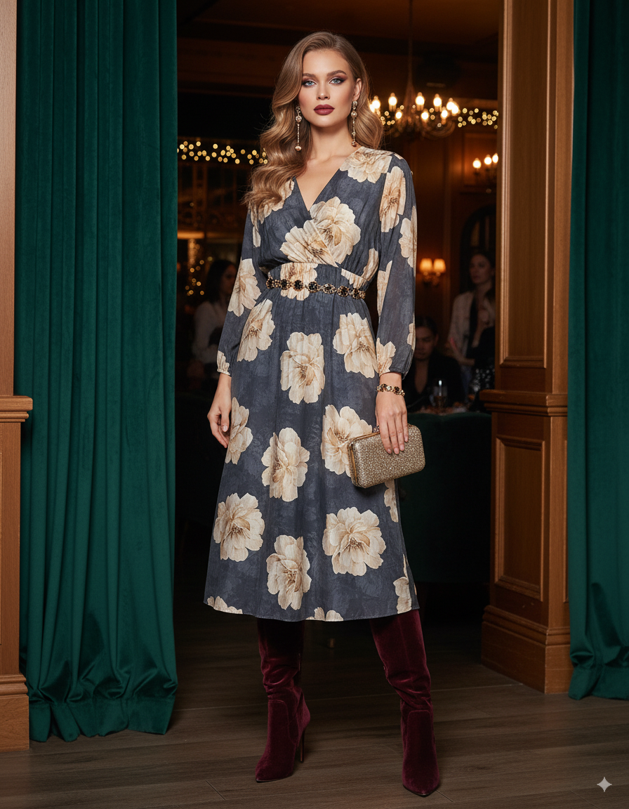 Rochie lungă cu print floral, mânecă lungă, elastic talie, decolteu în V bleumarin - Unica S-L