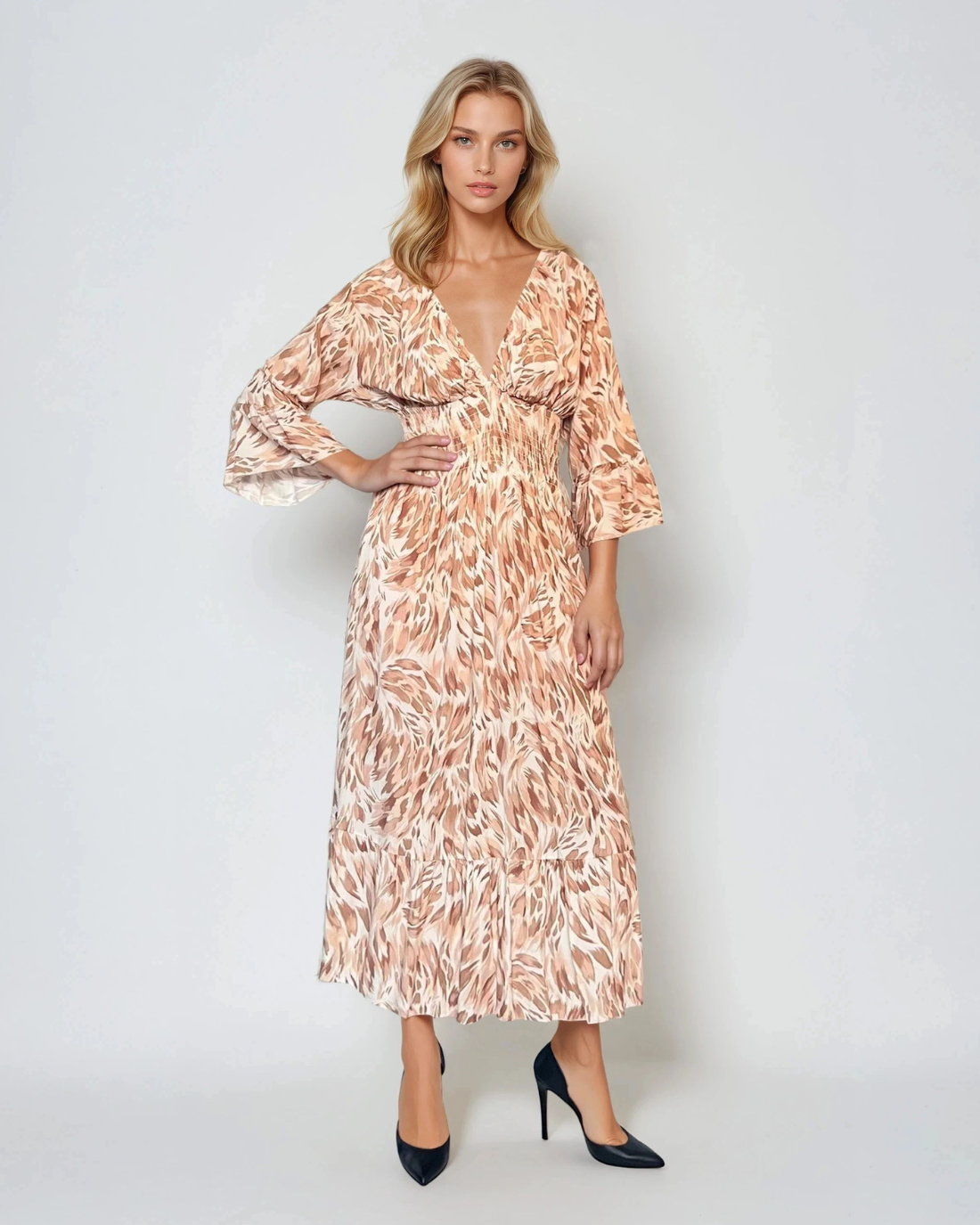 Rochie lungă cu print floral și mânecă clopot beige - Unica S-L