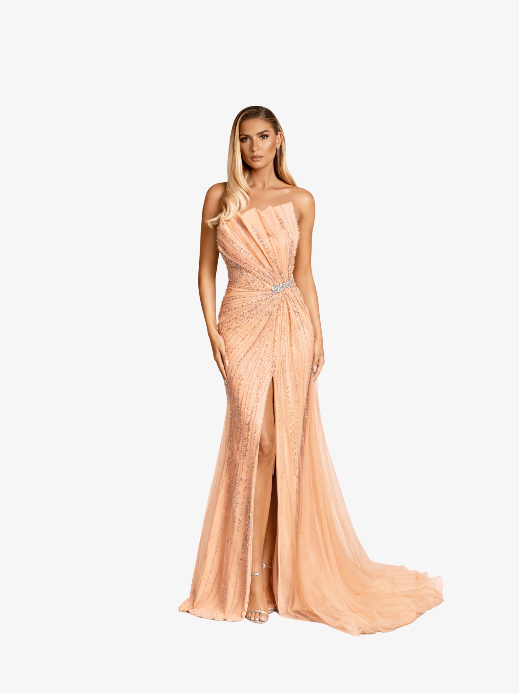Rochie Lunga cu Trena "Velorya Luxury", Bej - 3XL