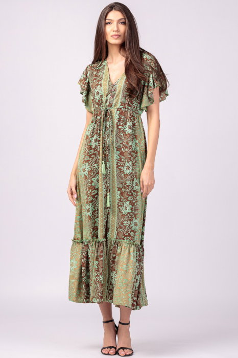 Rochie lunga cu volan si imprimeu floral, din matase indiana verde menta - maro