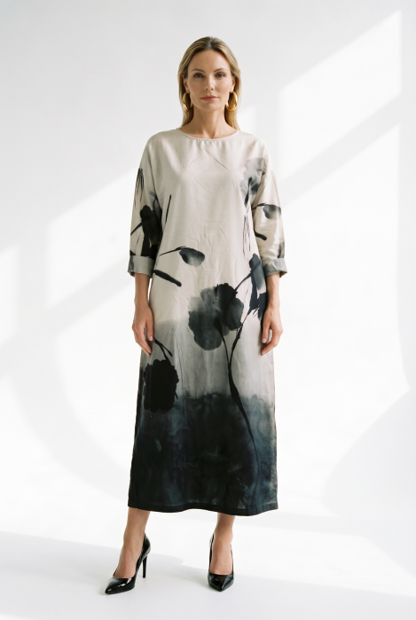 Rochie lunga din bumbac, cu imprimeu artistic cu flori negre si croi lejer elegant