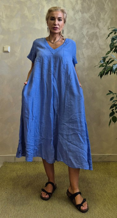 Rochie lunga din in A-line cu decolteu in V si croiala lejera, albastru lavanda