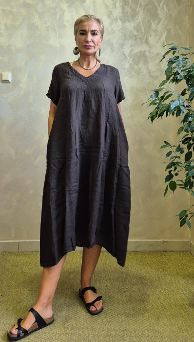 Rochie lunga din in A-line cu decolteu in V si croiala lejera, maro