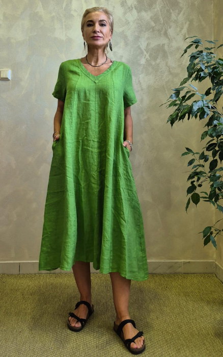 Rochie lunga din in A-line cu decolteu in V si croiala lejera, verde crud
