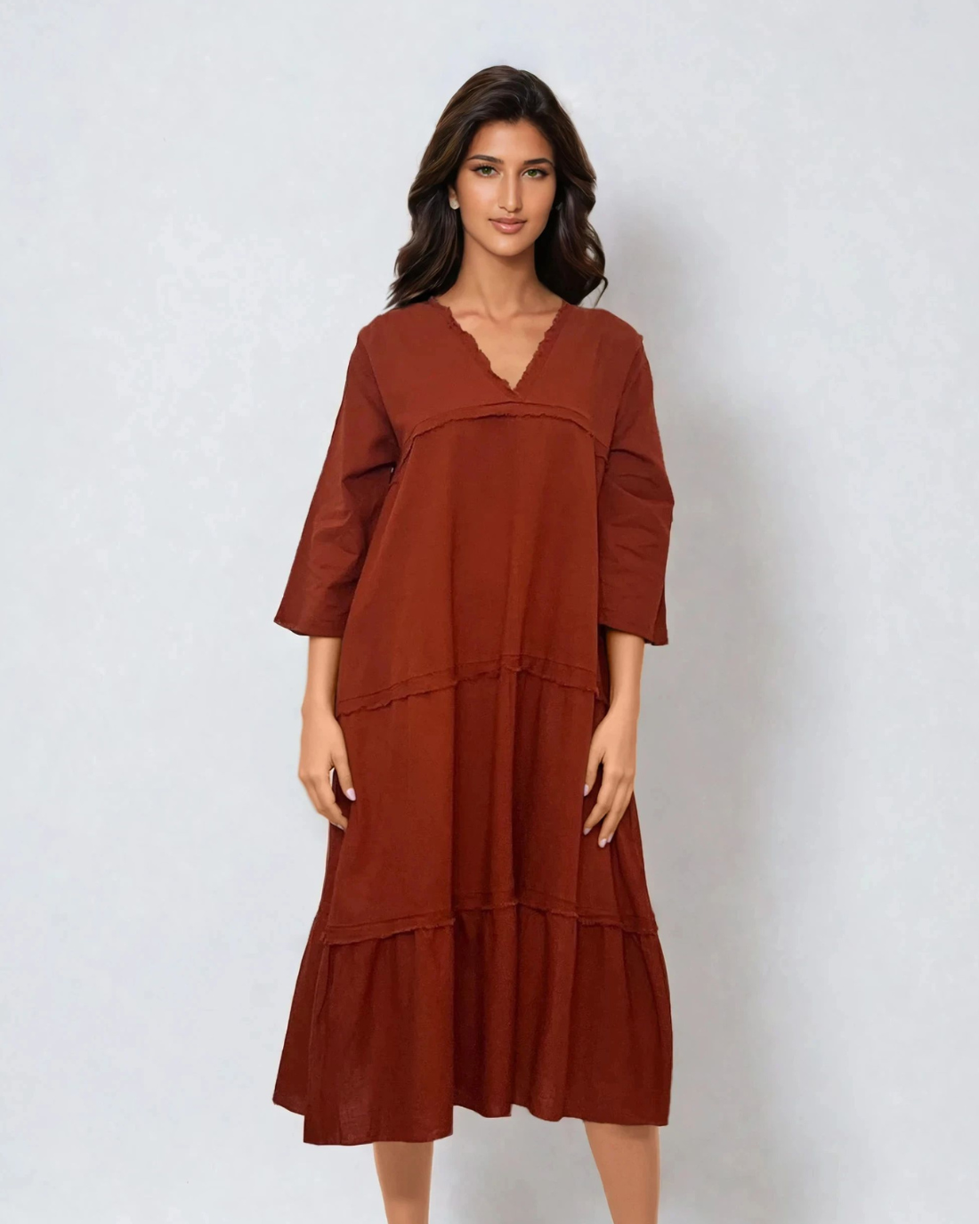 Rochie lungă din in cu decolteu în V și terminații franjurate caramiziu - Unica S-L