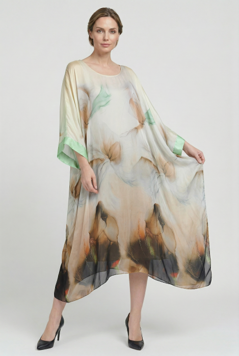 Rochie lunga din matase cu croi amplu si maneci largi, print abstract bej si accente calde