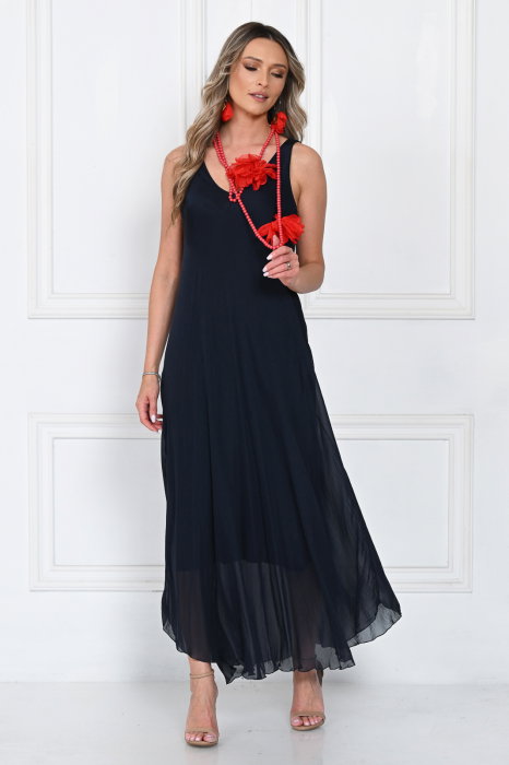 Rochie lunga din matase cu croi fluid si bretele fine, eleganta, bleumarin