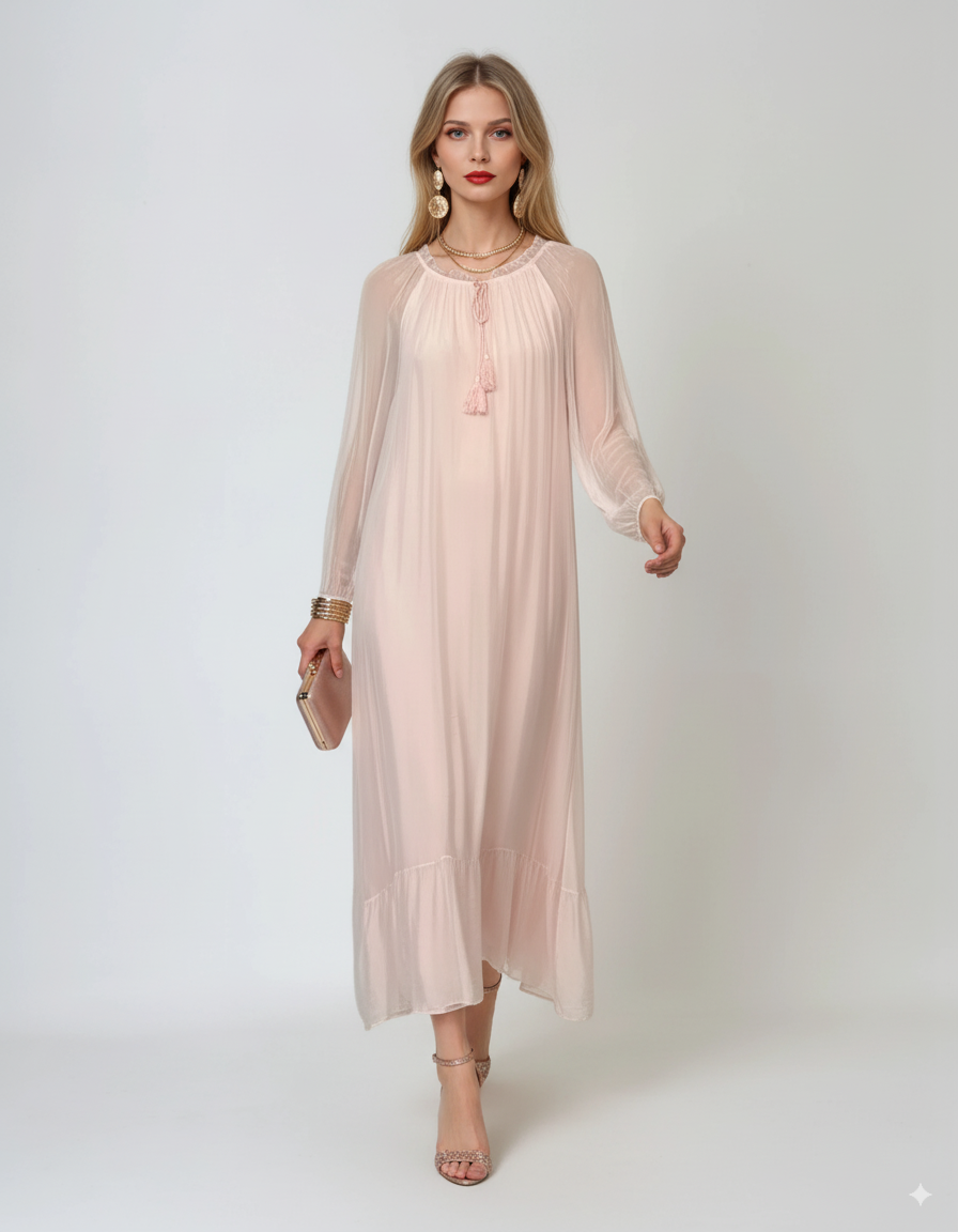 Rochie lungă din mătase cu șiret la decolteu roz light - Unica S-L
