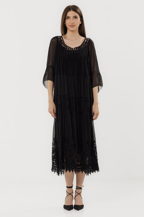 Rochie lunga din matase si vascoza cu detalii din dantela, neagra