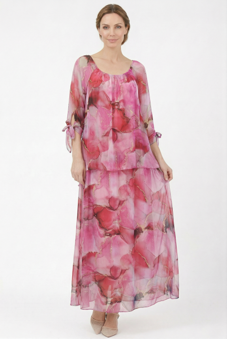 Rochie lunga din matase vaporoasa, croi lejer in doua straturi, imprimeu artistic fucsia