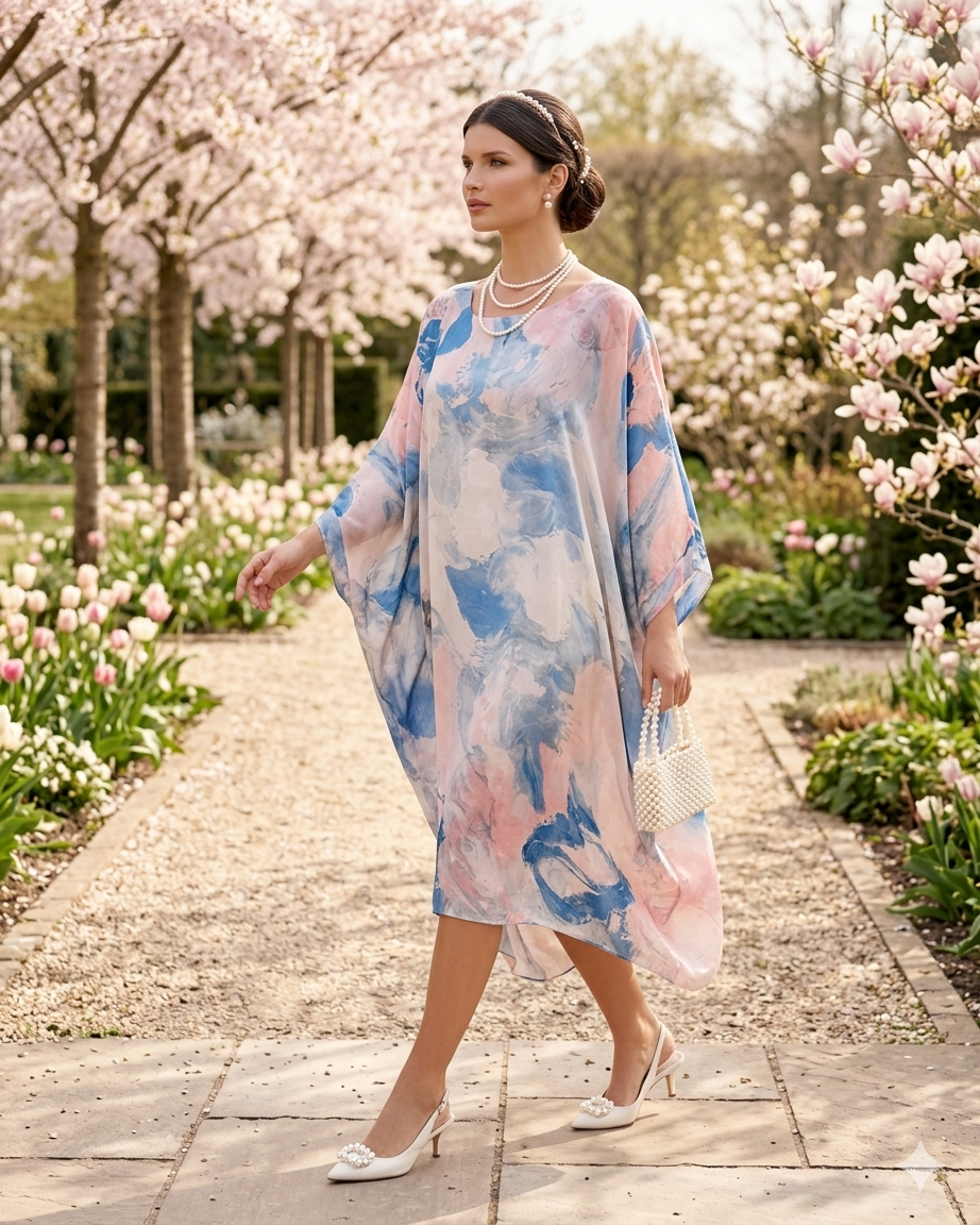 Rochie lungă din mix mătase cu print flora albastru - Unica S-L