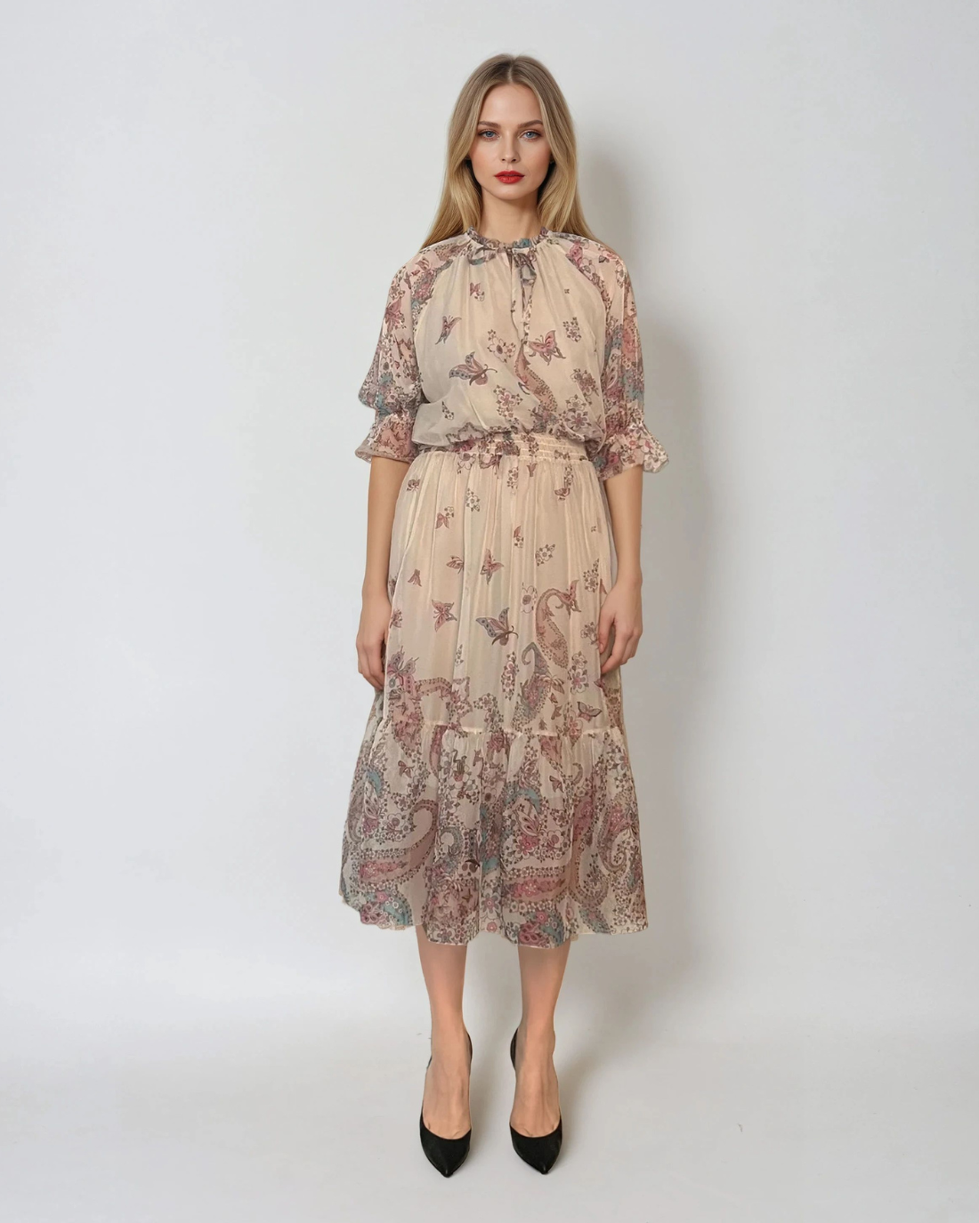 Rochie lungă din voal fluid cu volan jos și print floral alb - Unica S-L