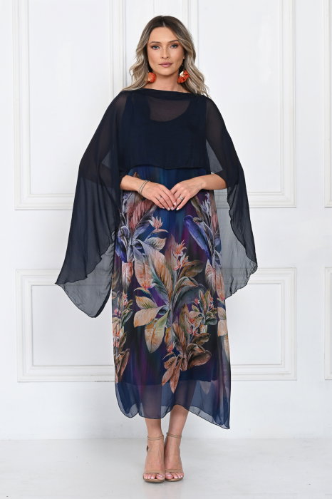Rochie lunga eleganta A-line, cu imprimeu vegetal pe fond bleumarin