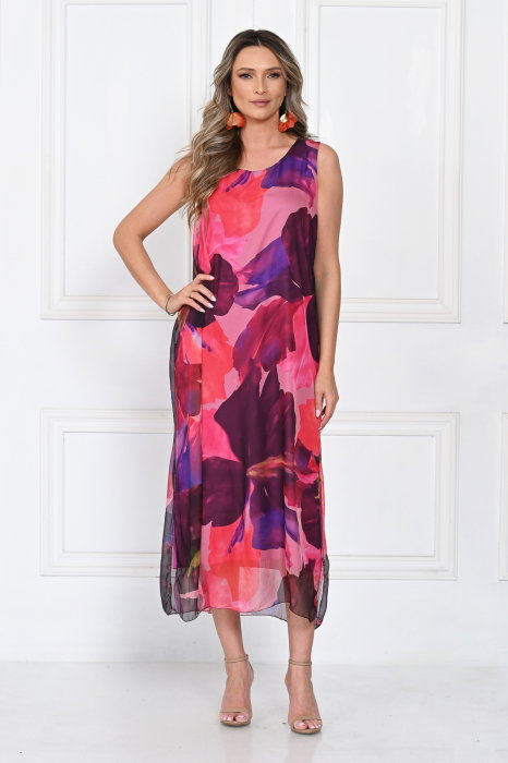 Rochie lunga eleganta din matase A-line cu imprimeu abstract multicolor roz fucsia bordo