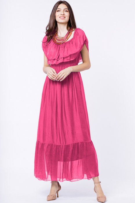 Rochie lunga, fucsia, din matase si vascoza, cu volan pe umeri
