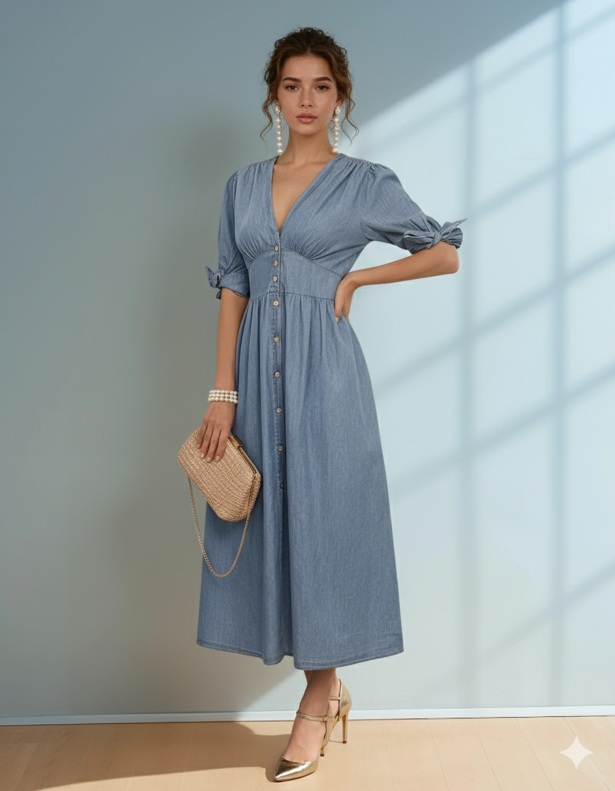 Rochie lungă jeans cu fundă la mânecă și decolteu albastru-jeans - XL