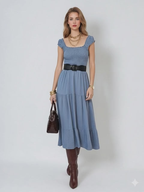 Rochie lungă mulată cu bretele crețe albastru jeans - Unica S-L