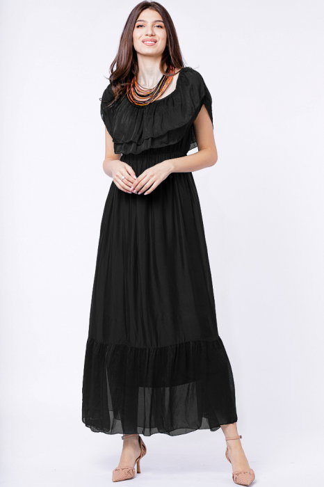 Rochie lunga, neagra, din matase si vascoza, cu volan pe umeri