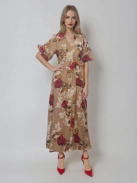 Rochie lunga parte peste parte print floral beige - Unica S-L