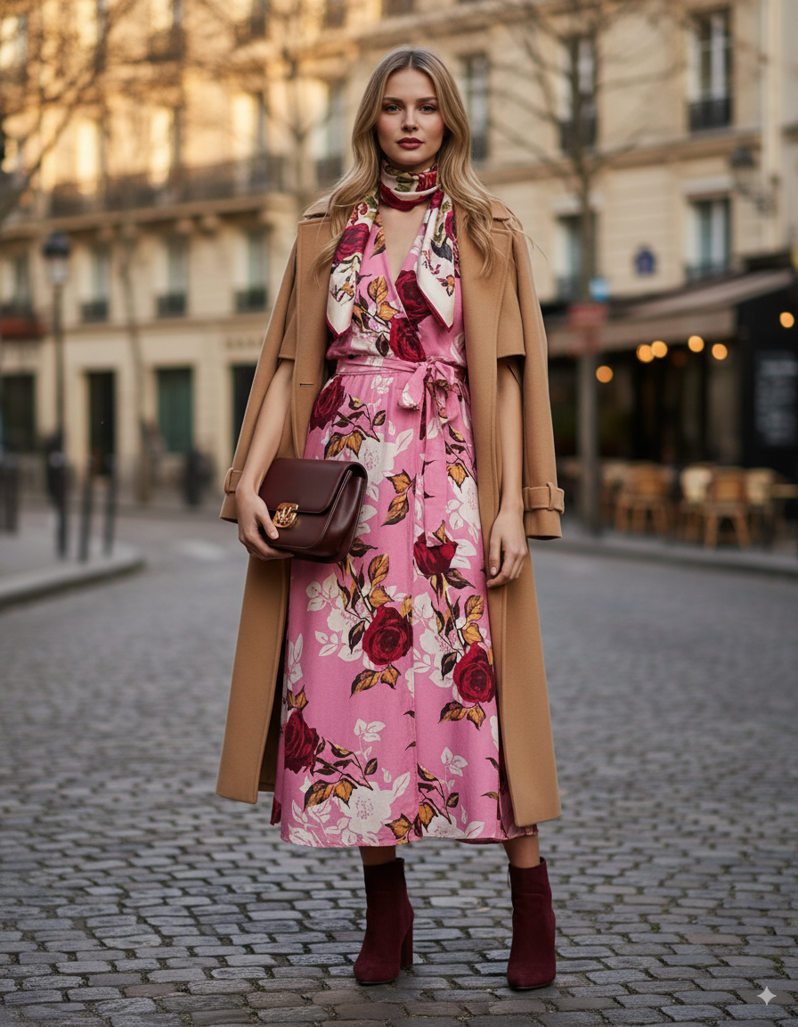 Rochie lunga parte peste parte print floral cu broșă roz - Unica S-L