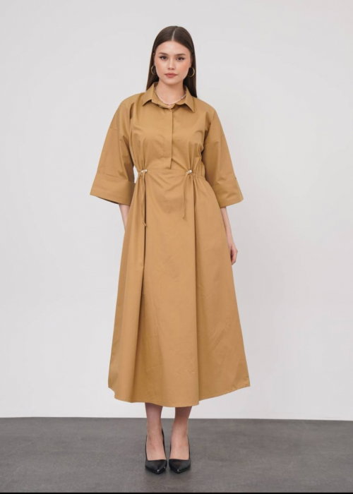 Rochie lunga tip camasa din poplin satinat de bumbac, camel
