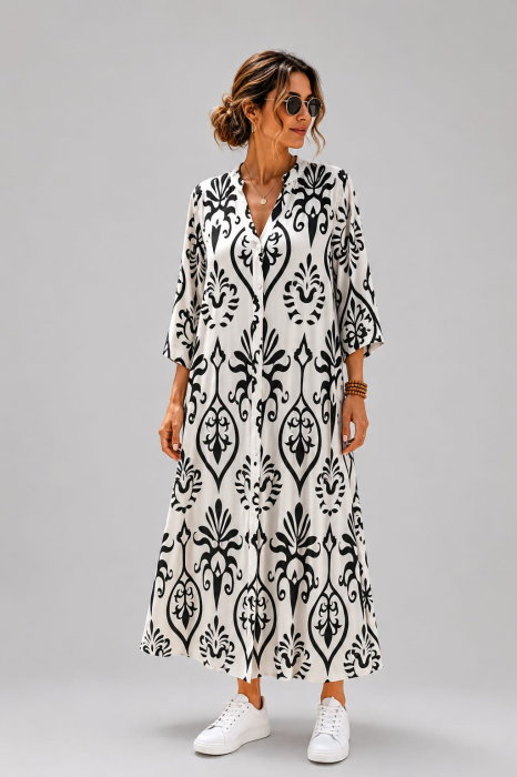 Rochie lunga vaporoasa cu imprimeu mediteranean, alb-negru