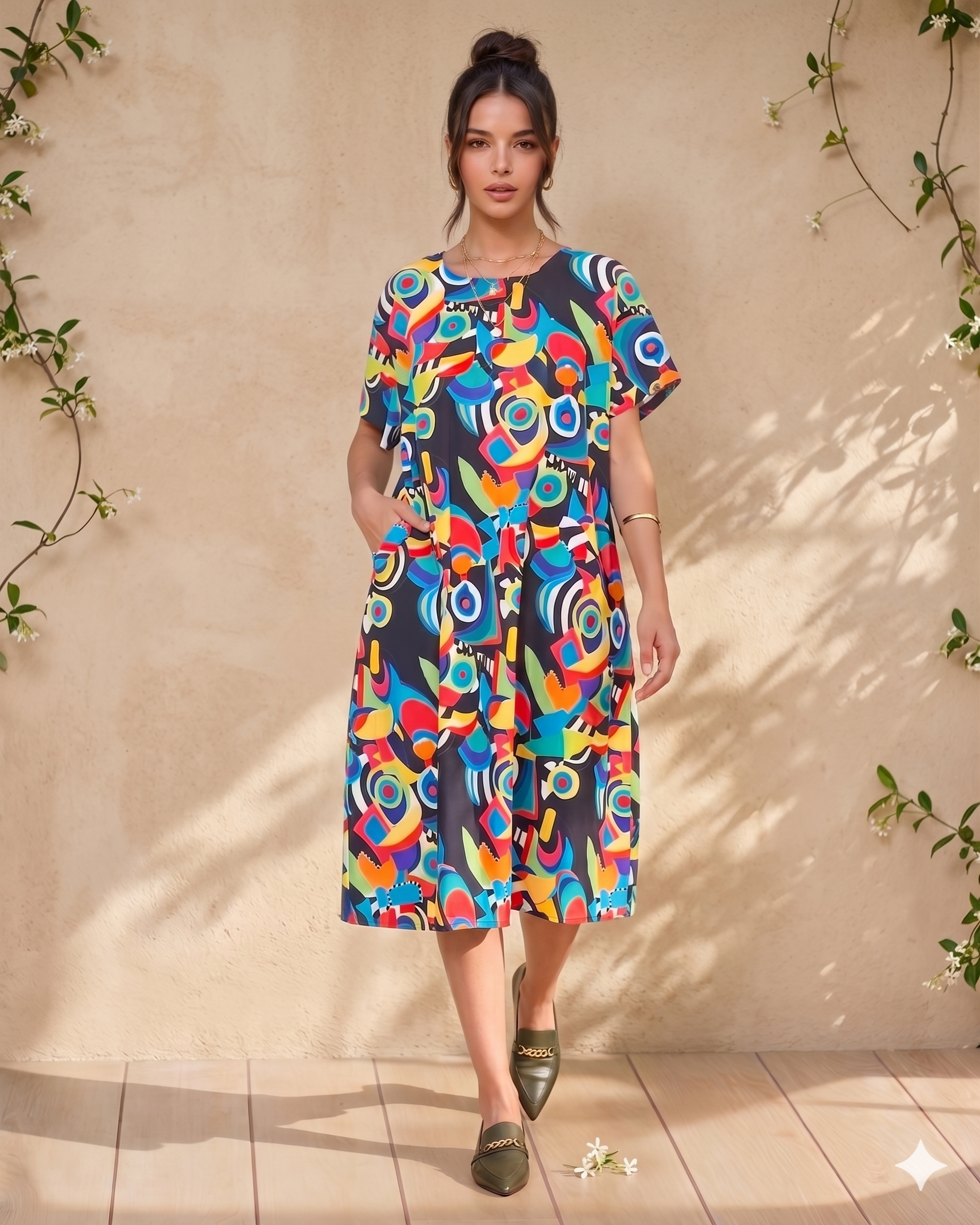 Rochie maneca scurta si print multicolor multicolor - Unica (XL-3XL)