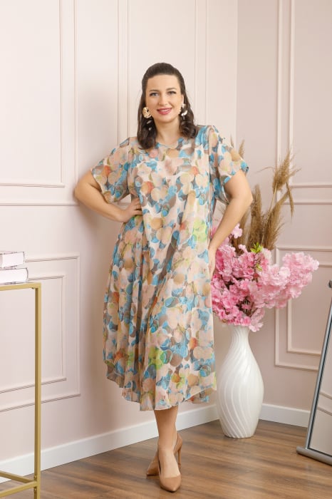 Rochie Margot din voal cu baza asimetrica si imprimeu abstract crem