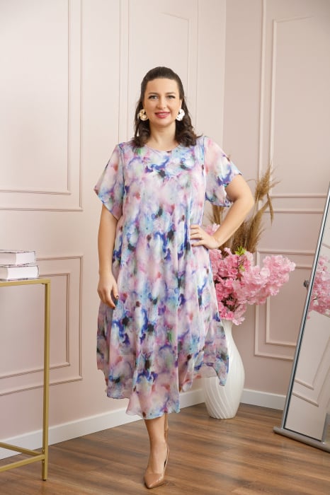 Rochie Margot din voal cu baza asimetrica si imprimeu abstract mov