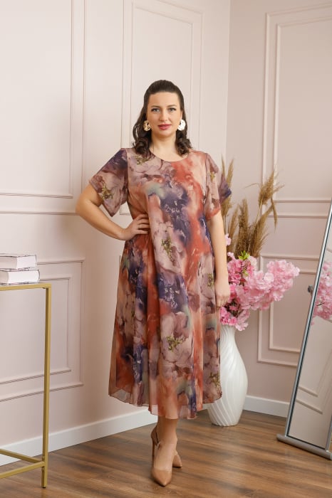 Rochie Margot din voal cu baza asimetrica si imprimeu floral caramiziu